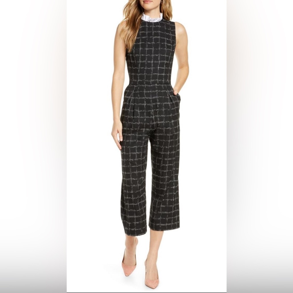 1901 Windowpane Plaid Ruffle Collar Crop Jumpsuit | Nordstrom